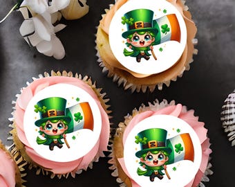 St Patrick's Day Leprechaun & Irish Flag  2" discs  2" / 5cm pre cut ready to use edible cupcake toppers