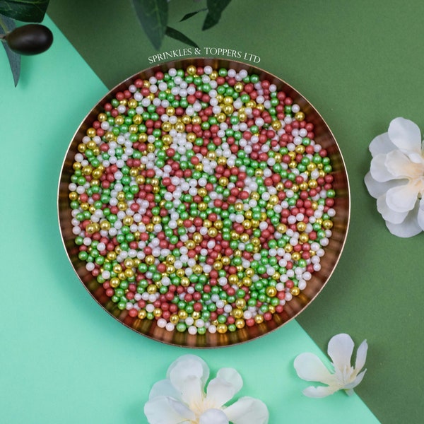 Red Green White & Metallic Gold Pearls (3-4mm)  Sprinkles Cupcake / Cake Decorations