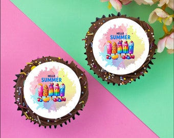 12 x Hello Summer 2" / 5cm edible discs cupcake toppers
