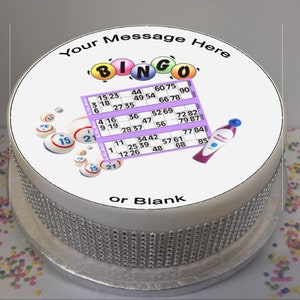 Adorno para tarta de glaseado de 20 cm con forma de tarjetas de bingo personalizadas y escena de Dabber