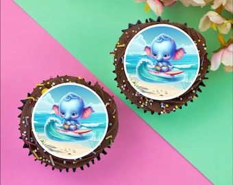 12 x Surfing Elephant 2" / 5cm edible discs cupcake toppers