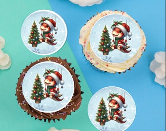 Christmas Dinosaur on swing 2" / 5cm edible discs cupcake toppers