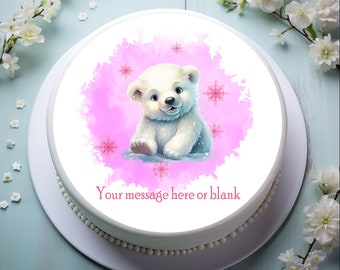 Personalised Cute Polar Bear (pink) 8" Icing Sheet Cake Topper