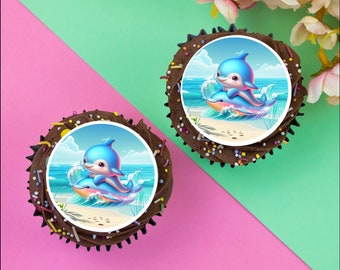 12 x Surfing Dolphins 2" / 5cm edible discs cupcake toppers