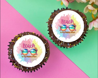 12 x Beach is my happy place  2" / 5cm edible discs cupcake toppers