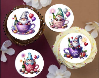 12 x Happy New Year Gnomes Pink & Purple 2" / 5cm edible discs cupcake toppers