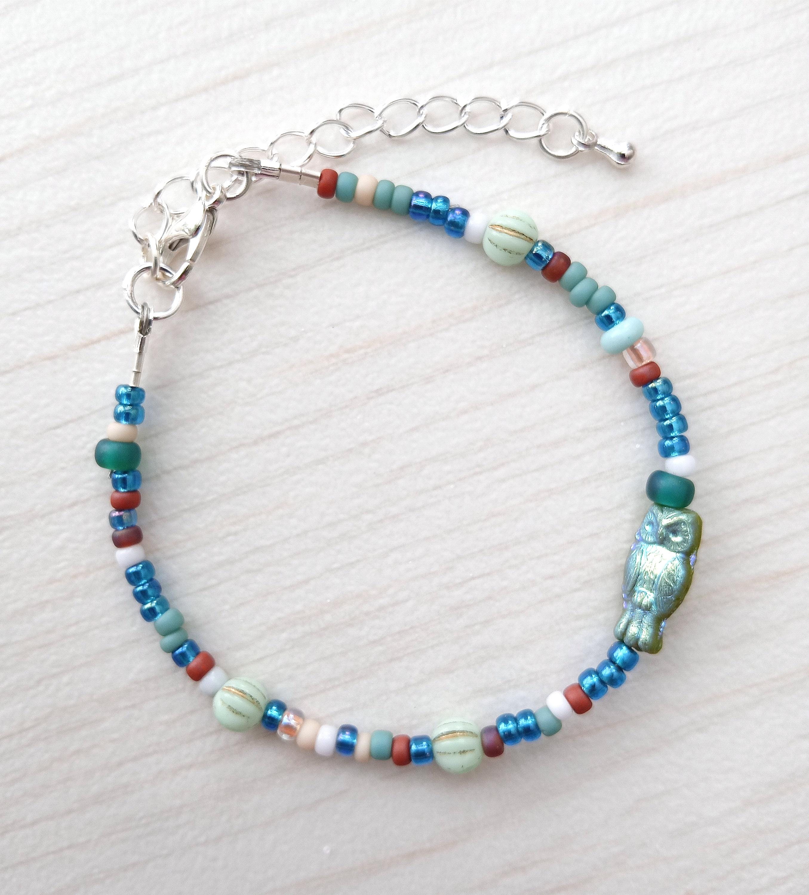 Aqua Blue Owl Seed Bead Bracelet with Silver Plated Fixings, Adjustable Minimalist Bracelet,