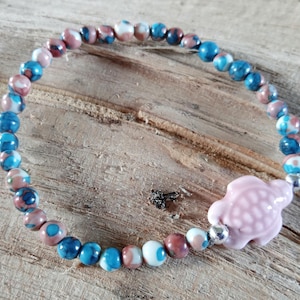 Pink Turtle and Jasper Bead Boho Stretch Bracelet for Women, Dainty Boho Jewellery, Beach Boho Style,