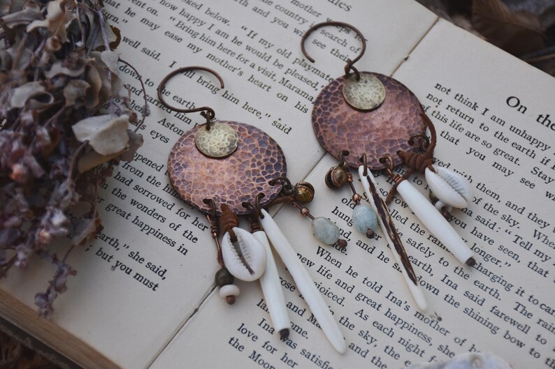 Aquamarine Gauged Ears Brass Shield Ear Hangers Copper Gypsy Charm Earrings