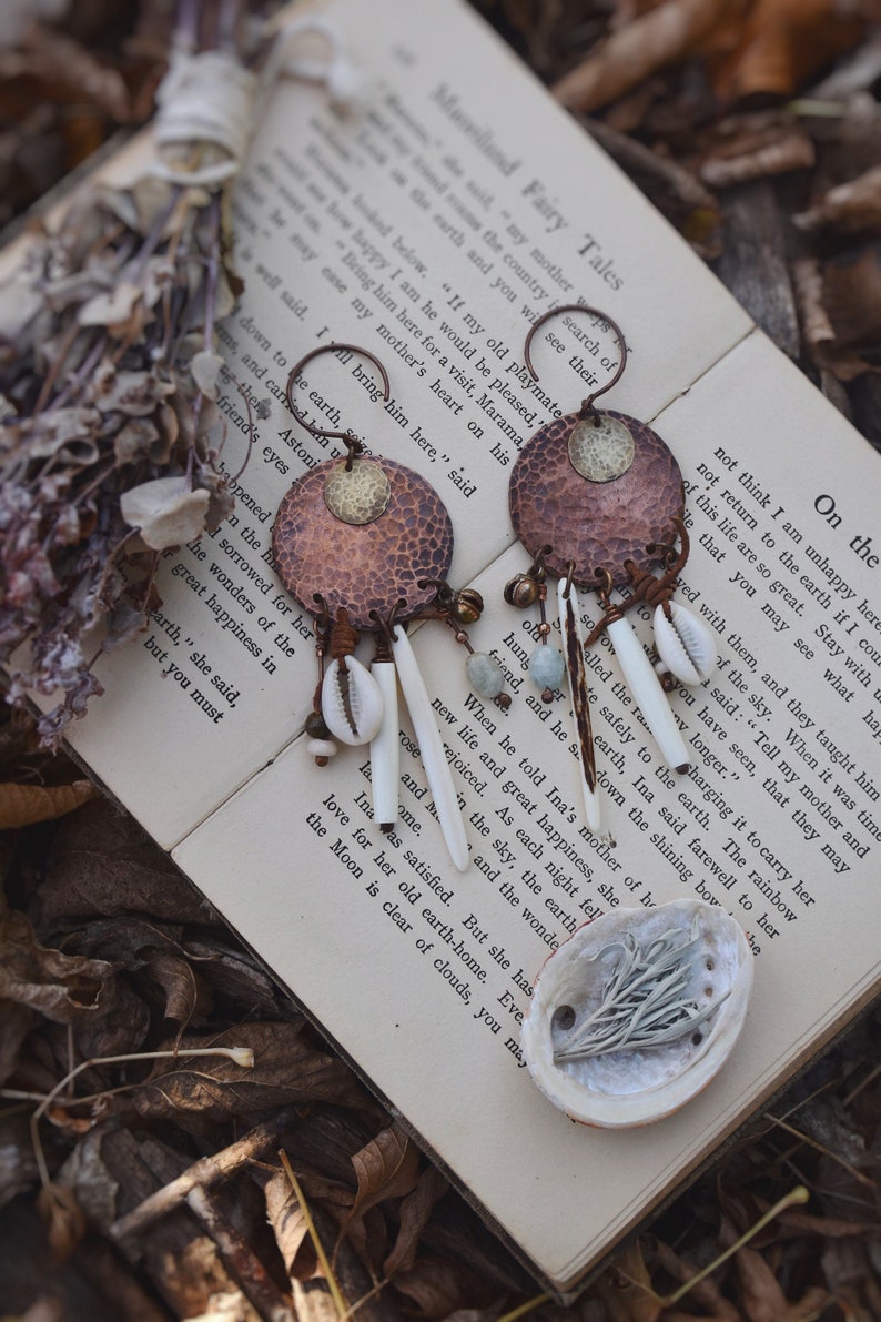 Aquamarine Gauged Ears Brass Shield Ear Hangers Copper Gypsy Charm Earrings