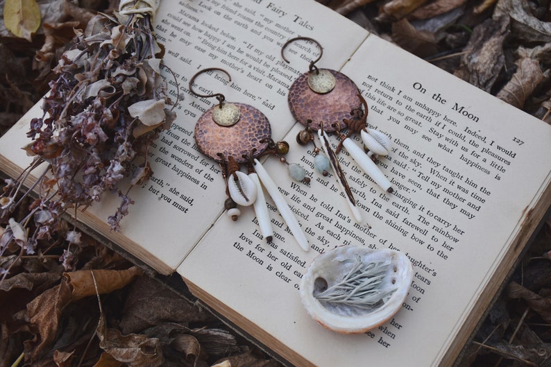 Aquamarine Gauged Ears Brass Shield Ear Hangers Copper Gypsy Charm Earrings