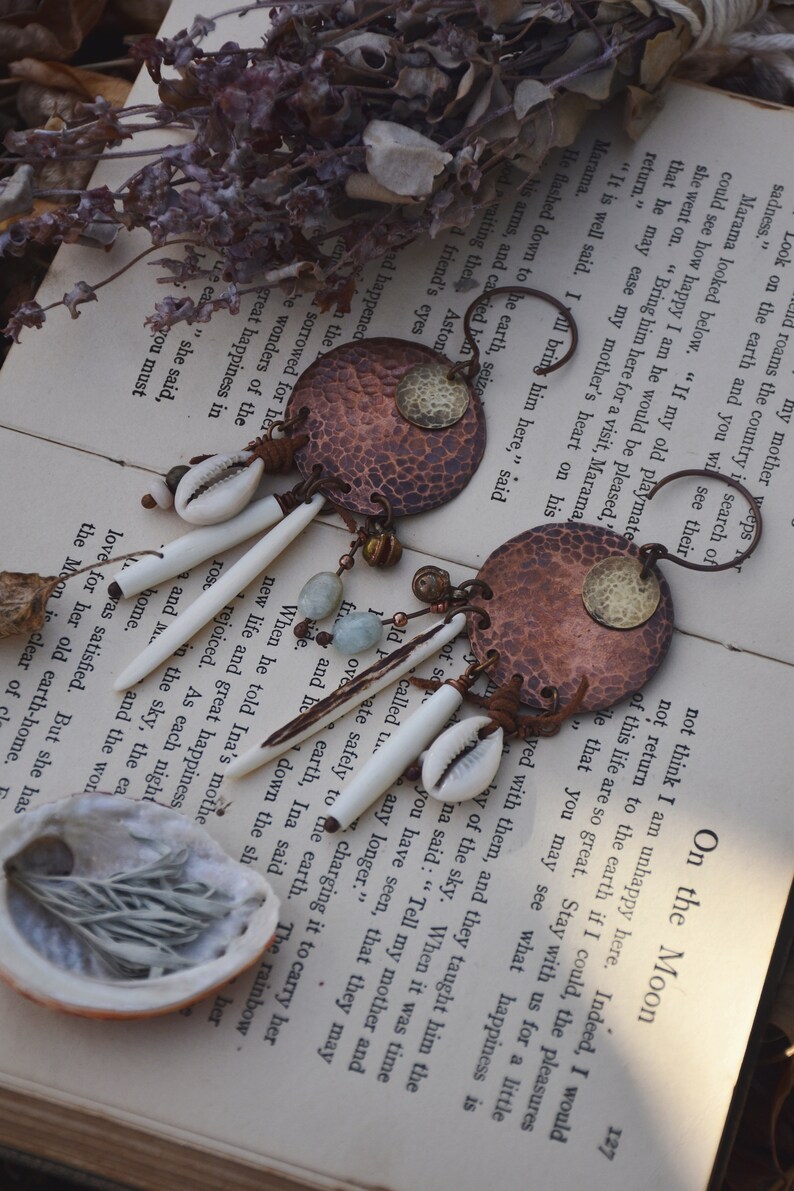 Aquamarine Gauged Ears Brass Shield Ear Hangers Copper Gypsy Charm Earrings