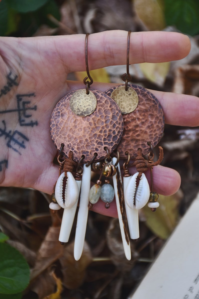 Aquamarine Gauged Ears Brass Shield Ear Hangers Copper Gypsy Charm Earrings