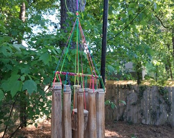 Bamboo Wind Chime, Handmade Outdoor Wind Chimes, Rainbow Cord Garden Decor, Natural Wooden Chime, Zen Meditation Gift