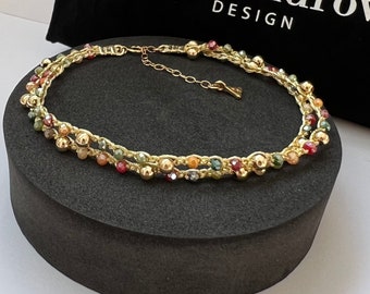 Double 14K yellow gold filled beaded anklet bracelets ,colorful crystal delicate anklet ,gemstone goldfilled anklet ,handmade Gift.