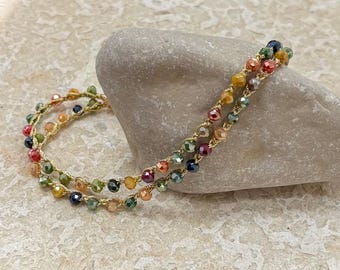Double 14K yellow gold filled beaded anklet bracelets ,colorful crystal delicate anklet ,gemstone goldfilled anklet ,handmade Gift.