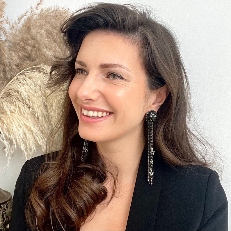 drop-long-black-dark-silver-studs-earrings-with-stars-etsy