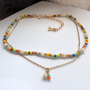 14K Gold Filled Beaded Anklet: Colorful Beads & Sea Pearls