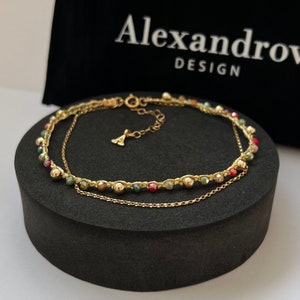 Double 14K yellow gold filled beaded anklet bracelets ,colorful crystal delicate anklet ,gemstone goldfilled anklet ,handmade Gift.