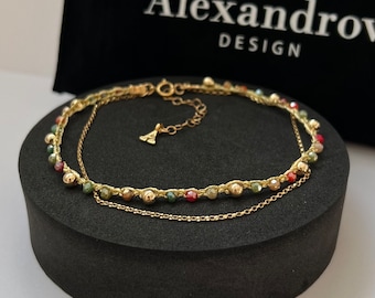 Double 14K yellow gold filled beaded anklet bracelets ,colorful crystal delicate anklet ,gemstone goldfilled anklet ,handmade Gift.