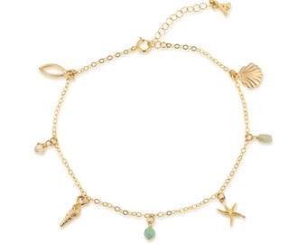 14K Goldfilled Beaded Anklet: Shell Charm Foot Jewelry