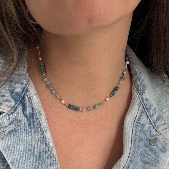 Collier Long Réglable En Métal Argenté Avec Pierres Turquoise - Occasion, Traces D'usure