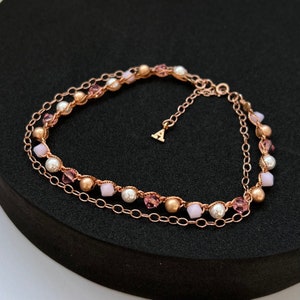 ダブル 14K ローズ ピンク ゴールド フィルド ビーズ アンクレット ブレスレット、スワロフスキー クリスタル & パール、バービー スタイル、フット ジュエリー、手作りギフト。