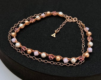 Rose Gold Filled Beaded Anklet: Swarovski Crystal & Pearl Foot Jewelry