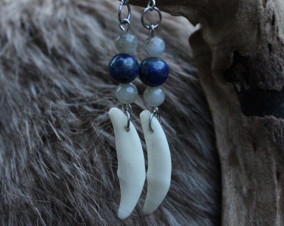 Ethically Sourced Coyote Fang Earrings with Labradorite and Lapis Lazuli Beads