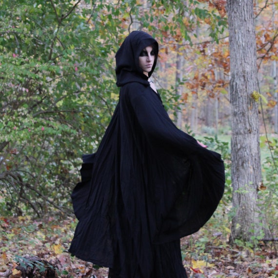 Black Lightweight Linen Cloak with Hood