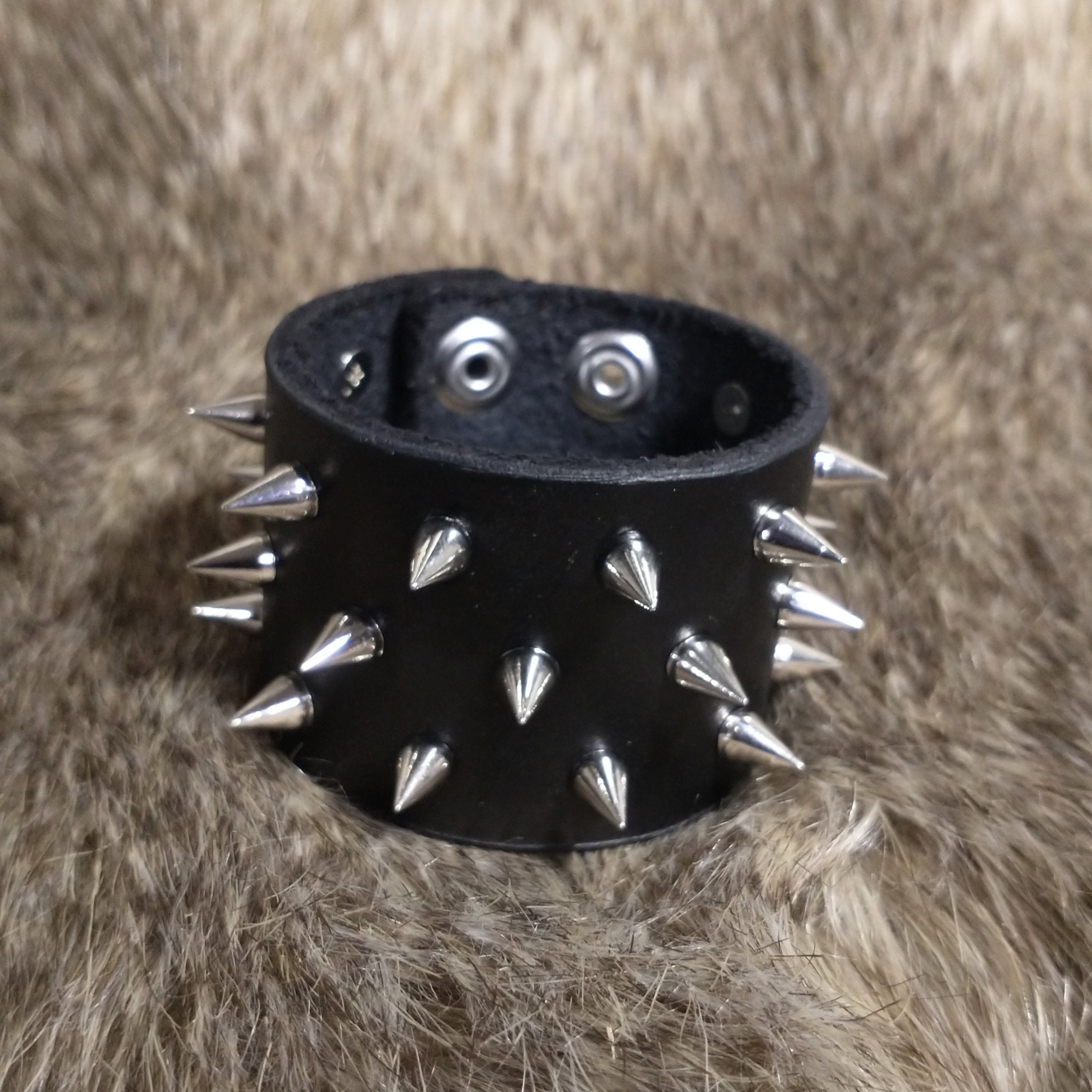 Black Leather Three Row Spike Cuff Bracelet
