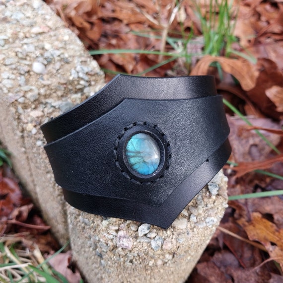 Blue Flash Labradorite Leather Cuff Bracelet