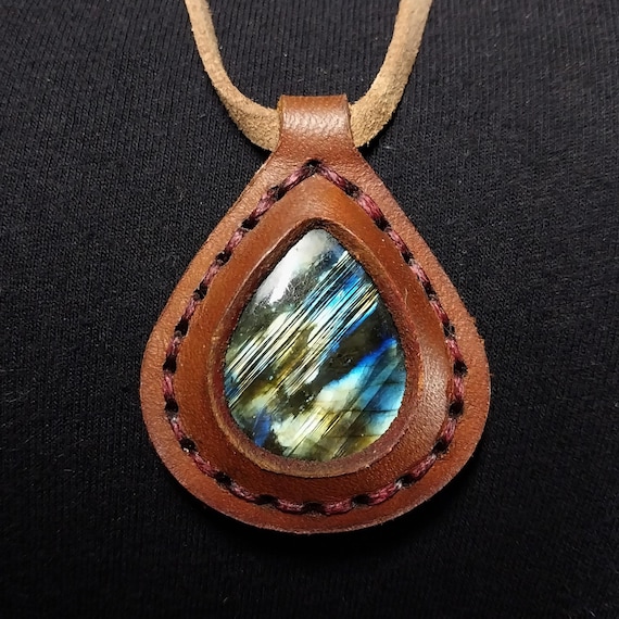 Brown Leather Teardrop Labradorite Pendant