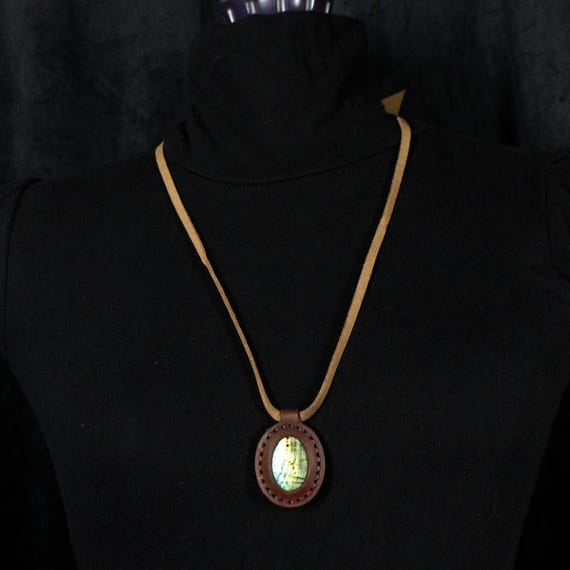 Oval Blue Green Labradorite Leather Pendant