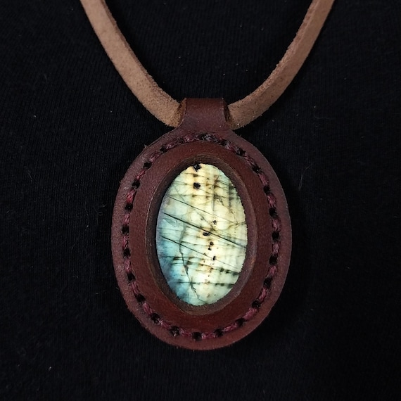 Oval Blue Green Labradorite Leather Pendant