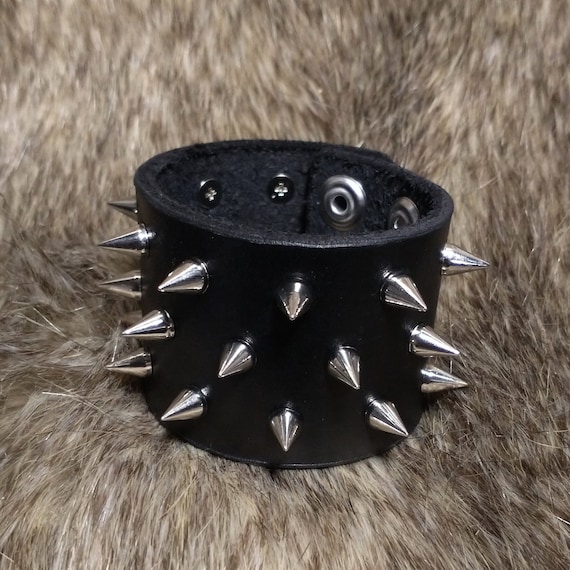 Black Leather Three Row Spike Cuff Bracelet