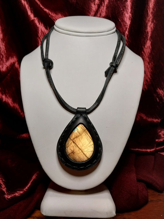 Large Leather Labradorite Statement Pendant