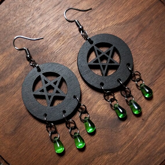 Wooden Pentagram Dangle Earrings with Czech Glass Beads