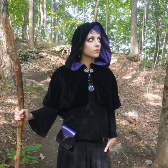 Black Hooded Velvet Capelet with Purple Satin Lining