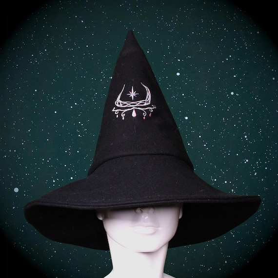 Black Witch Hat with Trans Flag Moon Embroidery