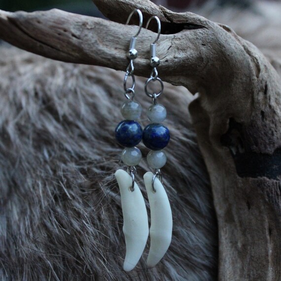Ethically Sourced Coyote Fang Earrings with Labradorite and Lapis Lazuli Beads
