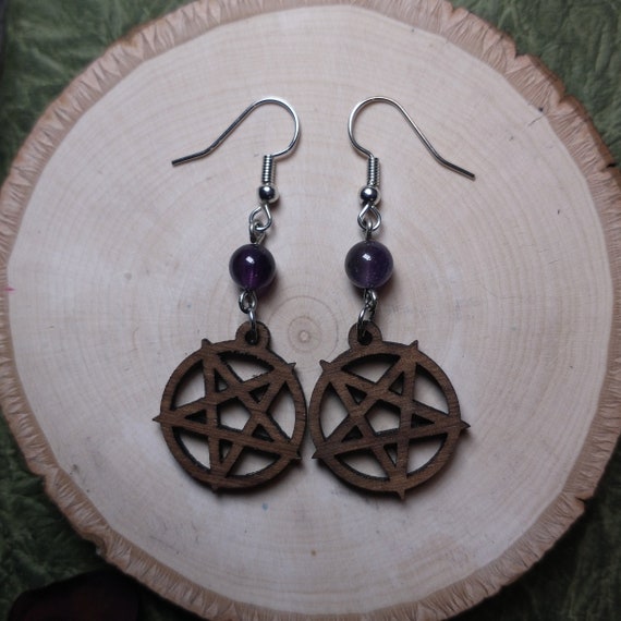 Wooden Pentacle Dangle Earrings with Amethyst Beads
