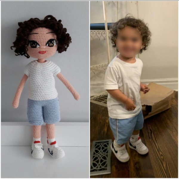 Look Alike Doll Mini-Me Knit Crochet Doll Gots Cotton Yarn Durable 11-13" USA Handmade Custom Personalized Gift for Girlfriends & Boyfriends