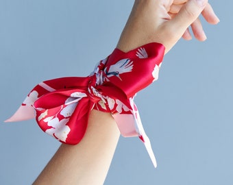 Red silk skinny scarf, hair ribbon, luxury designed skinny scarf