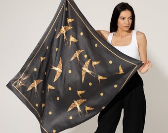 Black Silk Scarf "Swallows", Art Silk Scarf, Designer Scarf