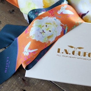 King Lion Silk Skinny Scarf: Hand-Painted Watercolor Hair Ribbon