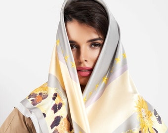 Grey Silk Scarf, Designer Scarf, Scarf "The Magic Sun and Moon"