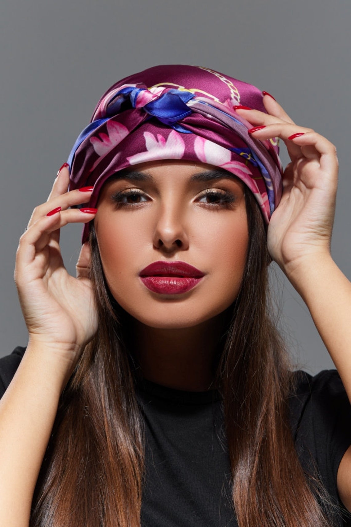 Large Red Silk Scarf lotus Flowers Printed Silk Etsy