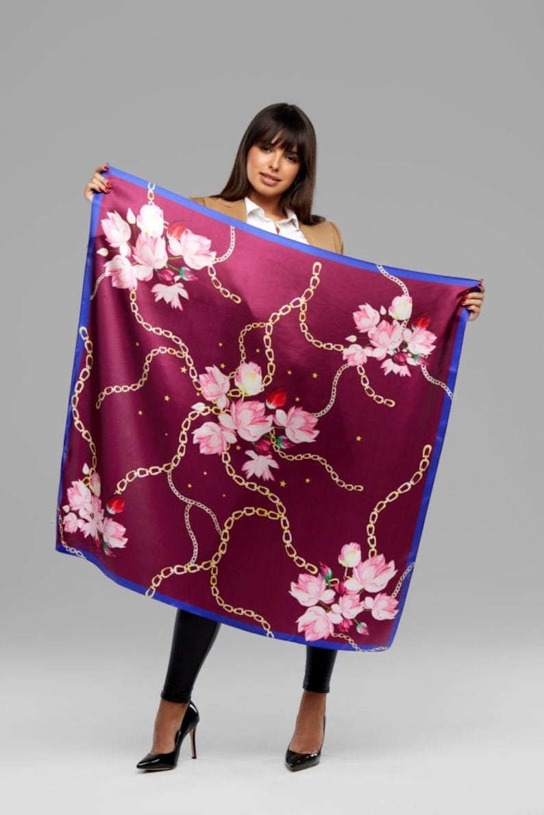 Black silk scarf with red flowers main image 1