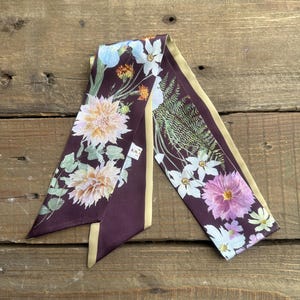Brown Silk Skinny Scarf: &quot;Summer Flowers&quot; Art Hair Ribbon